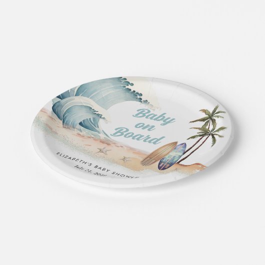 Baby on board Beach Surfing Baby Dusche Pappteller (Schrägansicht)