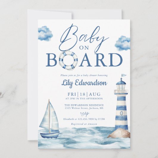 Baby On Board Blue Nautical Baby Shower Einladung (Vorderseite)