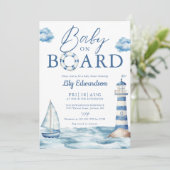 Baby On Board Blue Nautical Baby Shower Einladung (Stehend Vorderseite)