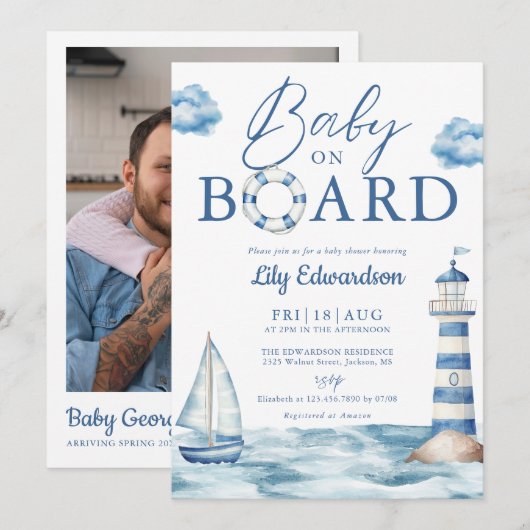 Baby On Board Nautical Shower Photo QR Code Einladung (Vorne/Hinten)