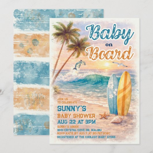 Baby on Board Retro Surf Beach Baby Shower Einladung (Vorne/Hinten)