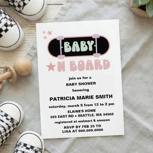 Baby on Board Skateboard Baby Shower party Invitat Einladung
