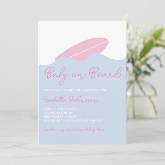 Baby On Board Surf Beach Girl Baby Shower Einladung (Stehend Vorderseite)