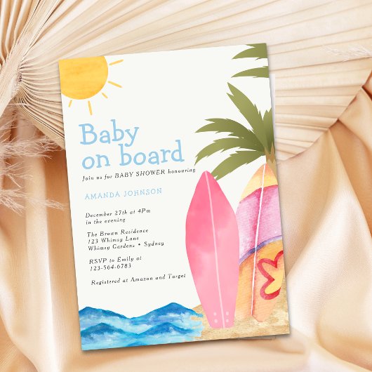 Baby on Board Surfboard Beach Baby Shower Einladung