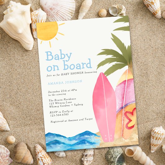 Baby on Board Surfboard Beach Baby Shower Einladung