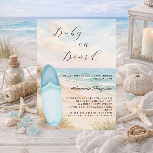 Baby on Board surfboard blue boy beach Baby Shower Einladung