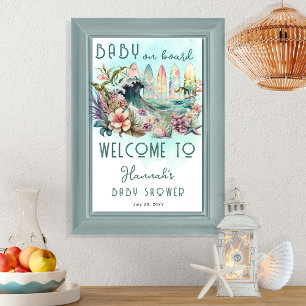 Baby on Board Tropical Surfing Floral Baby Shower Poster