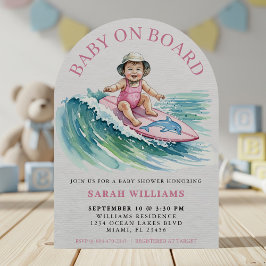 Baby on Board Watercolor Surfing Girl Baby Shower Einladung