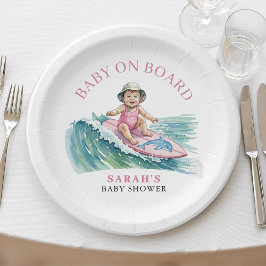 Baby on Board Watercolor Surfing Girl Baby Shower Pappteller