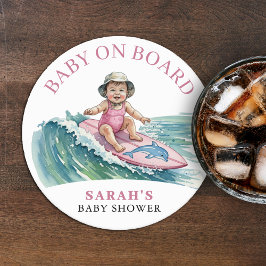 Baby on Board Watercolor Surfing Girl Baby Shower Runder Pappuntersetzer