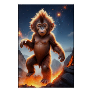 Baby Orangutan und Vulkan Poster