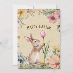 Baby-Osterhase mit rosa Tulpe Vintage-Blumen Feiertagskarte