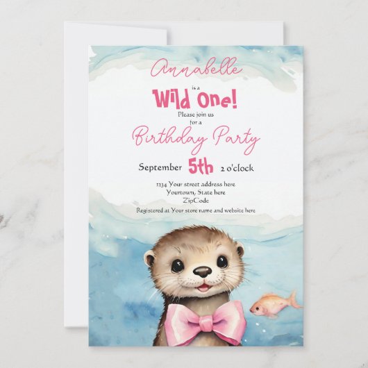 Baby Otter Wild One Girl Geburtstag Einladung (Vorderseite)