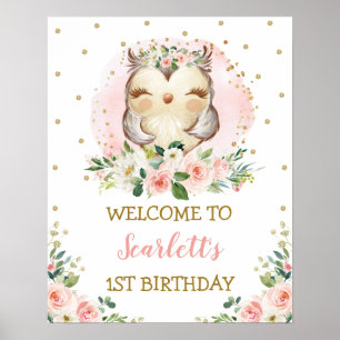 Baby Owl Blütengold Rosa Blütenbraun Geburtstag Be Poster