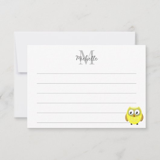 Baby Owl Cartoon Lined Monogram Personalized  Mitteilungskarte (Vorderseite)