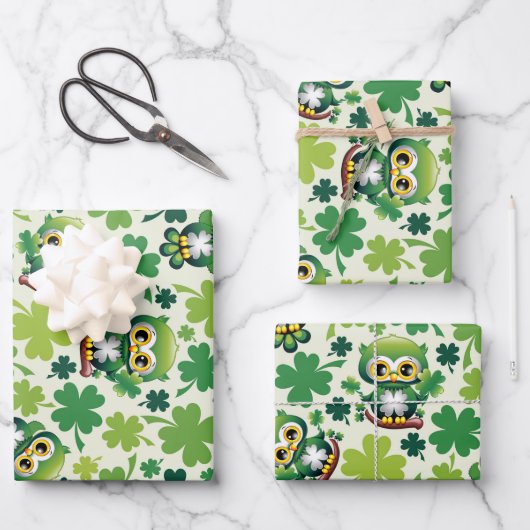 Baby Owl Cute St Patrick Cartoon Geschenkpapier Set (Vorderseite)