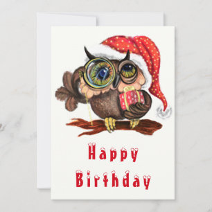 Baby Owl in Christmas Hat und Geschenk Geburtstags