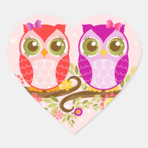 Baby Owls - Rosa und Lila Mädchen - Heart Stickers
