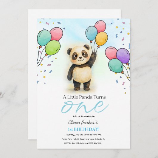 Baby Panda Balloon 1st Birthday Party Blue Einladung (Vorne/Hinten)