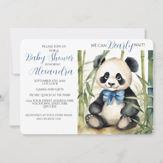 Baby Panda Bear Boy Bearly Wait Baby Dusche Einladung (Vorderseite)