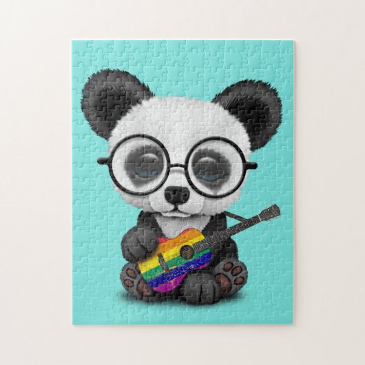 Baby-Panda, der Regenbogen-Flaggen-Gitarre spielt Puzzle (Vertikal)