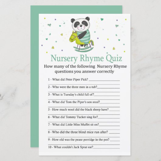 Baby Panda Kinderzimmer Rhyme Quiz Babyduschenspie (Vorne/Hinten)