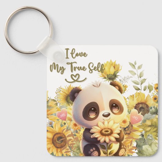 Baby Panda mit Sonnenblume Schlüsselanhänger (Vorderseite)
