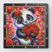 Baby Panda Red Rose Quadratische Wanduhr (Vorderseite)