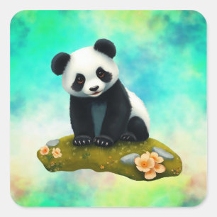 Baby Panda riecht nach den Blume Quadratischer Aufkleber