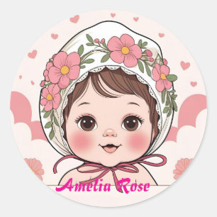 Baby-Party-Aufkleber Rosa mit Wasserfarben-Blumen Runder Aufkleber