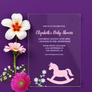 Baby-Party für Mädchen mit rosa Schaukelpferd Acryleinladungen