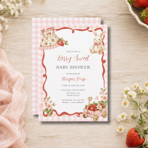 Baby-Party mit rosa Gingham-Erdbeermädchen Einladung