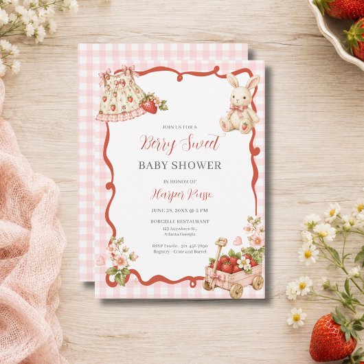 Baby-Party mit rosa Gingham-Erdbeermädchen Einladung