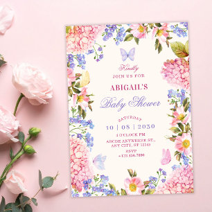 Baby-Party mit rosa lila floralen Schmetterlingen Einladung