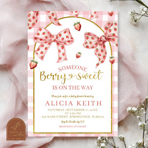 Baby-Party mit rosa Schleife und Erdbeeren süß Einladung