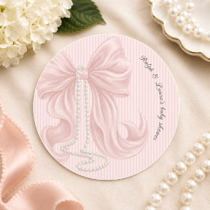 Baby-Party mit rosa Schleife und Streifen Runder Aufkleber