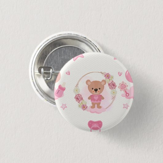 Baby-Party mit rosa Teddybär  Button (Vorne & Hinten)
