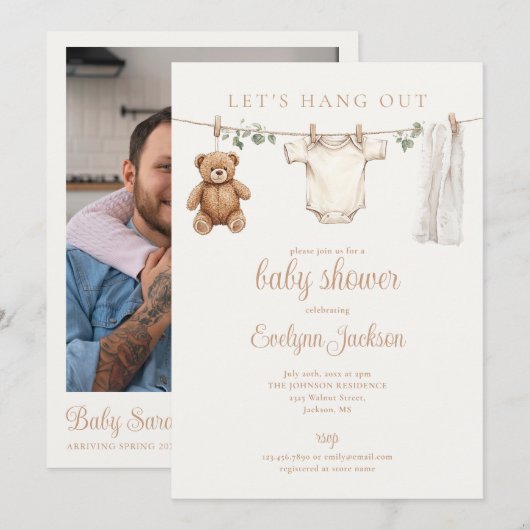Baby-Party- QR-Code mit Wäscheleine Neutral Einladung (Vorne/Hinten)