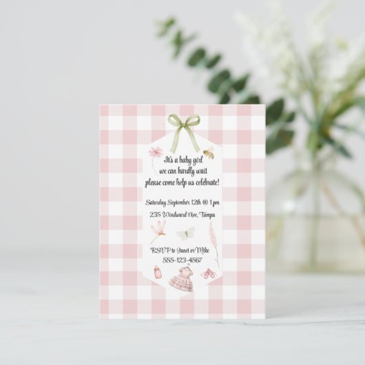 Baby-Party rosa Gingham Einladung (Stehend Vorderseite)