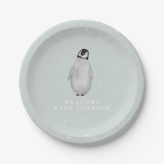 Baby Penguin Blue Winter Baby Dusche Pappteller (Vorderseite)