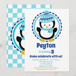 Baby Penguin Blue Winter Geburtstagsparty Einladung