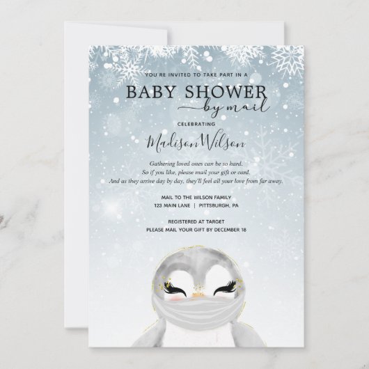 Baby Penguin mit Maske Baby Dusche by Mail Einladung (Vorderseite)