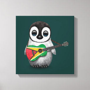 Baby Penguin Playing Guyana Flaggengitarre Aquamar Leinwanddruck