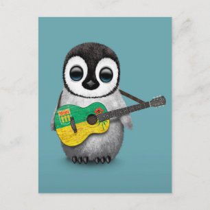 Baby Penguin Playing Saskatchewan Flag Guitar Blue Postkarte