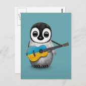 Baby Penguin Playing Ukrainische Flaggengitarre Bl Postkarte (Vorne/Hinten)