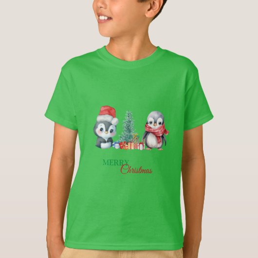 Baby Penguin Santa Red Green Frohe Weihnachts-Part T-Shirt (Vorderseite)