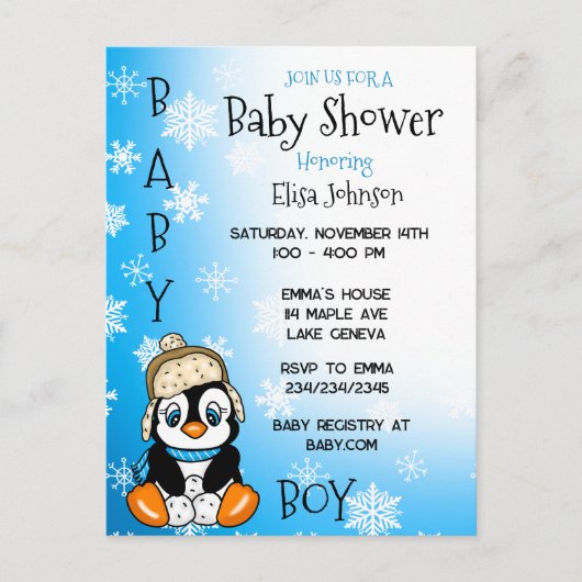 Baby Penguin Winter Baby Dusche Postkarte (Vorderseite)