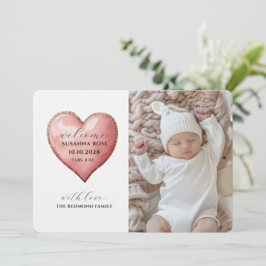 Baby Photo Modern Heart Birth Announcement Card Ankündigung (Stehend Vorderseite)