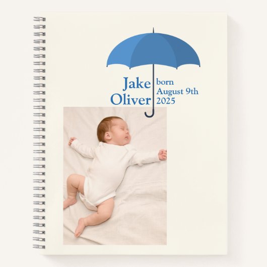 Baby Photo, Name, Date, Blue Umbrella Notizblock (Vorderseite)