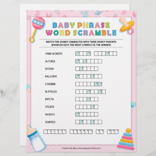 Baby Phrase Scramble [Baby Basics Pink] Briefbogen (Vorne/Hinten)